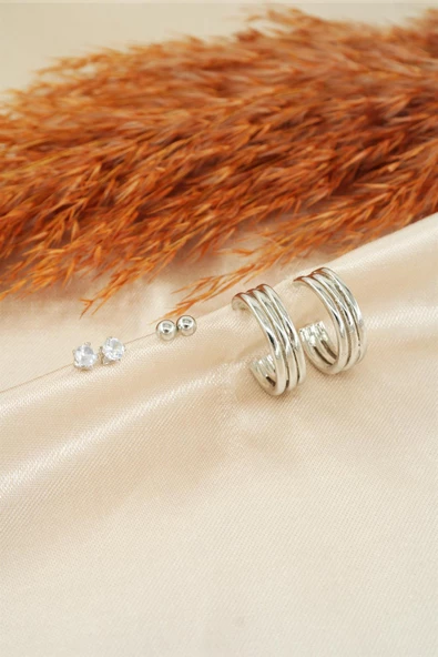 Kadın Özel Tasarım Zirkon Taşlı Oval 6'lı Küpe Seti - Resim 2