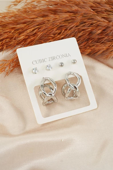 Kadın Özel Tasarım Zirkon Taşlı Oval 6'lı Küpe Seti ürün görseli