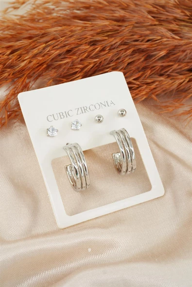 Kadın Özel Tasarım Zirkon Taşlı Oval 6'lı Küpe Seti ürün görseli