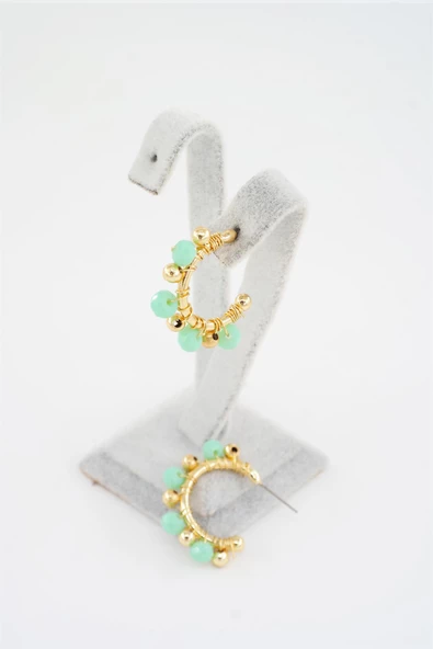 Kadın Özel Tasarım Su Yeşili Kristal Taş ve Boncuklu 3 cm Halka Küpe - Resim 2