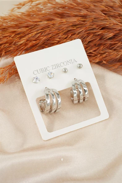 Kadın Özel Tasarım Zirkon Taşlı Oval 6'lı Küpe Seti ürün görseli