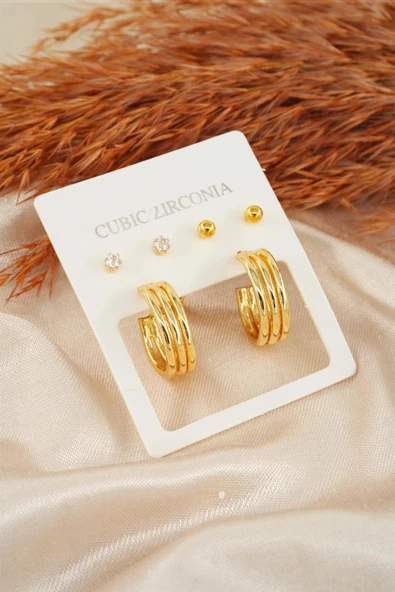 Kadın Özel Tasarım Zirkon Taşlı Oval 6'lı Küpe Seti ürün görseli