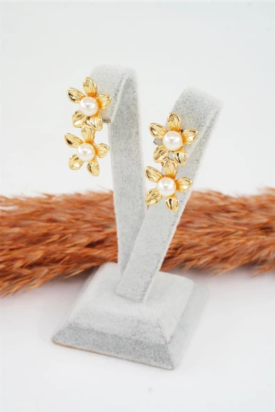 Kadın Özel Tasarım Çiçek Model Suni İncili Küpe - Resim 2