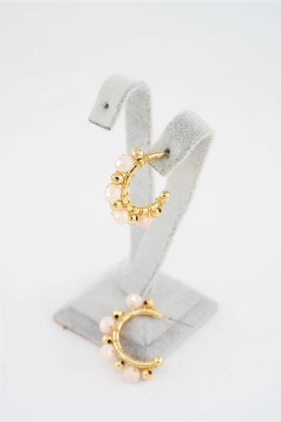 Kadın Özel Tasarım Toz Pembe Kristal Taş ve Boncuklu 3 cm Halka Küpe - Resim 2