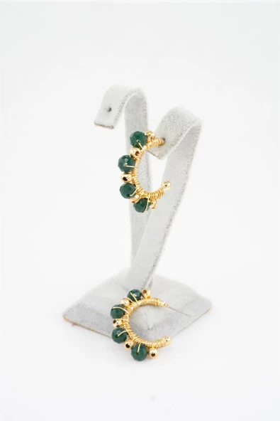 Kadın Özel Tasarım Yeşil Kristal Taş ve Boncuklu 3 cm Halka Küpe - Resim 2