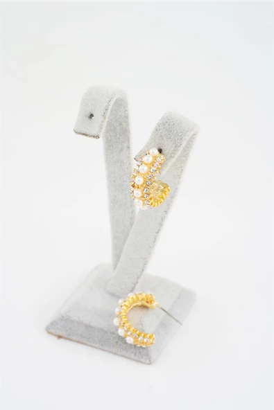 Kadın Zirkon Taşlı ve İncili 2cm Yarım Oval Küpe - Resim 2