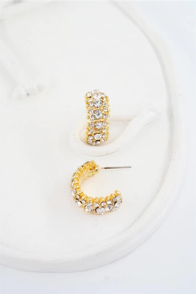 Kadın Zirkon Taşlı 2cm Yarım Oval Küpe - Resim 2