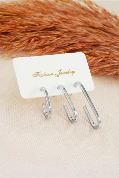 Kadın Özel Tasarım Geometrik 3 Boy Küpe Seti - Resim 4