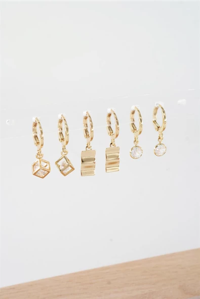 Kadın Zirkon Taşlı Sallantılı Kare Figürlü Klipsli 6'lı Küpe Seti - Resim 2