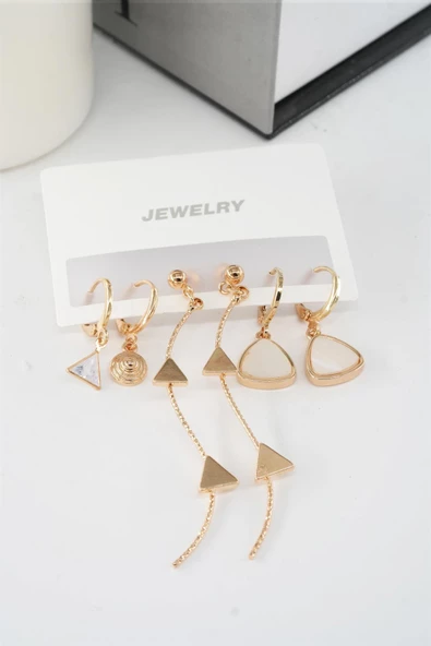 Kadın 6.5 cm Zigzag Sallantılı ve Üçgen Sedefli 6'lı Küpe Seti ürün görseli