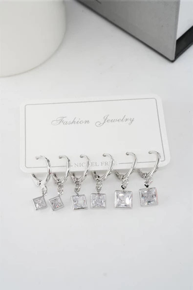 Kadın Zirkon Taşlı Sallantılı Kare Figürlü Klipsli 6'lı Küpe Seti - Resim 2