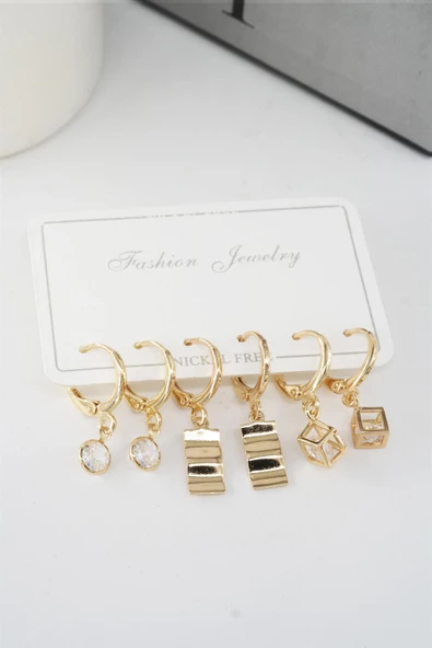 Kadın Zirkon Taşlı Sallantılı Kare Figürlü Klipsli 6'lı Küpe Seti ürün görseli