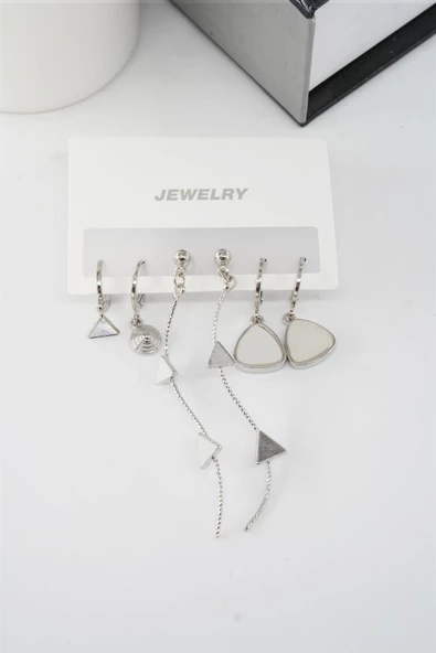 Kadın 6.5 cm Zigzag Sallantılı ve Üçgen Sedefli 6'lı Küpe Seti - Resim 3