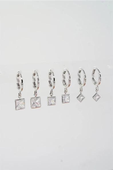 Kadın Zirkon Taşlı Sallantılı Kare Figürlü Klipsli 6'lı Küpe Seti ürün görseli