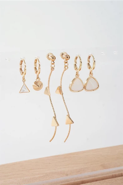 Kadın 6.5 cm Zigzag Sallantılı ve Üçgen Sedefli 6'lı Küpe Seti - Resim 2