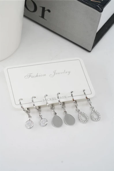 Kadın Zirkon Taşlı Sallantılı Damla Figürlü Klipsli 6'lı Küpe Seti ürün görseli