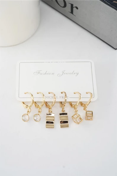 Kadın Zirkon Taşlı Sallantılı Kare Figürlü Klipsli 6'lı Küpe Seti - Resim 3