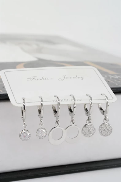 Kadın Zirkon Taşlı Sallantılı Oval Figürlü Klipsli 6'lı Küpe Seti - Resim 4