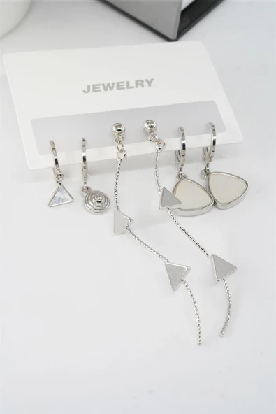 Kadın 6.5 cm Zigzag Sallantılı ve Üçgen Sedefli 6'lı Küpe Seti ürün görseli