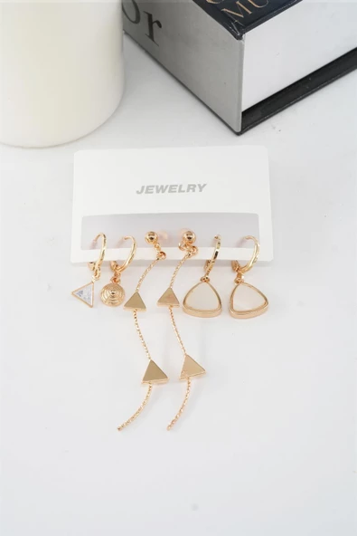 Kadın 6.5 cm Zigzag Sallantılı ve Üçgen Sedefli 6'lı Küpe Seti - Resim 3