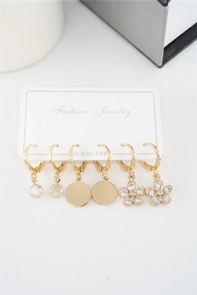 Kadın Zirkon Taşlı Sallantılı Çiçek Figürlü Klipsli 6'lı Küpe Seti - Resim 3