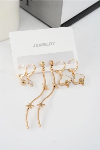 Kadın 6.5 cm Sallantılı Şimşek ve  Sedefli Bulut Figürlü 6'lı Küpe Seti - Resim 3