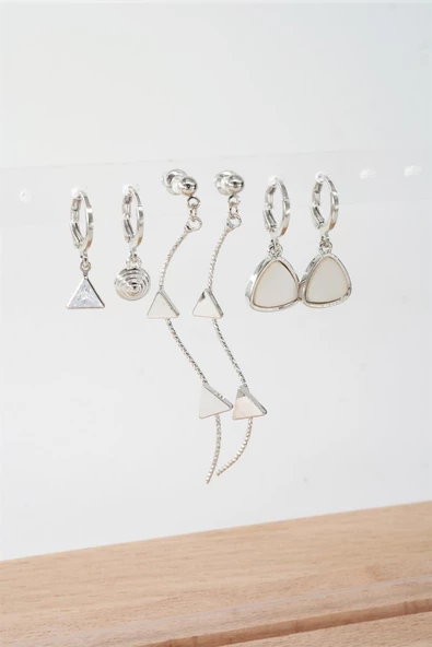 Kadın 6.5 cm Zigzag Sallantılı ve Üçgen Sedefli 6'lı Küpe Seti - Resim 2