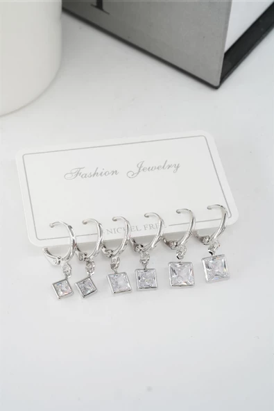 Kadın Zirkon Taşlı Sallantılı Kare Figürlü Klipsli 6'lı Küpe Seti - Resim 3