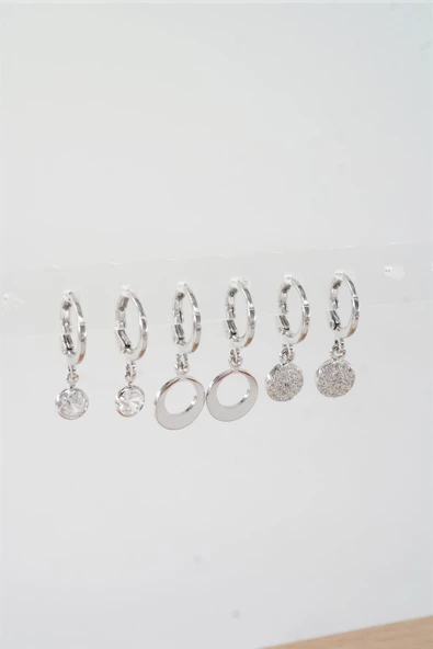 Kadın Zirkon Taşlı Sallantılı Oval Figürlü Klipsli 6'lı Küpe Seti - Resim 2