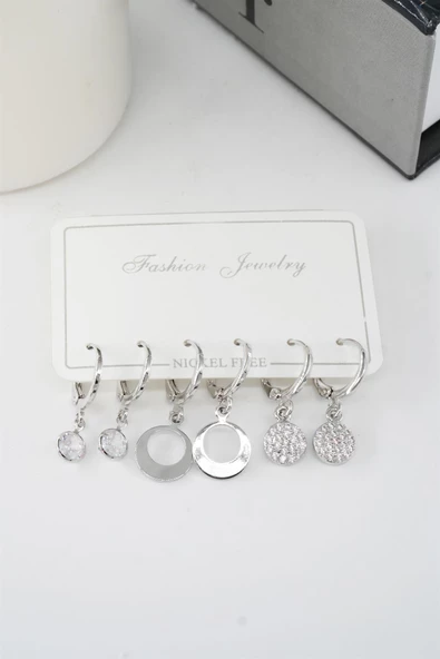 Kadın Zirkon Taşlı Sallantılı Oval Figürlü Klipsli 6'lı Küpe Seti - Resim 3