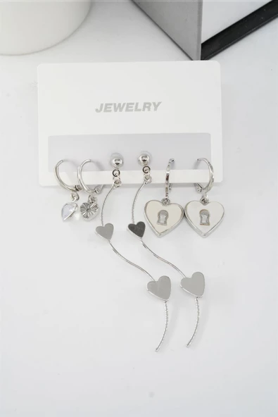 Kadın 6.5 cm Zigzag Sallantılı ve  Sedefli Kalp Model 6'lı Küpe Seti ürün görseli