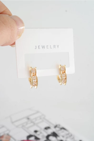 Kadın Özel Tasarım Zirkon Taşlı 2'li Minimal Küpe - Resim 2