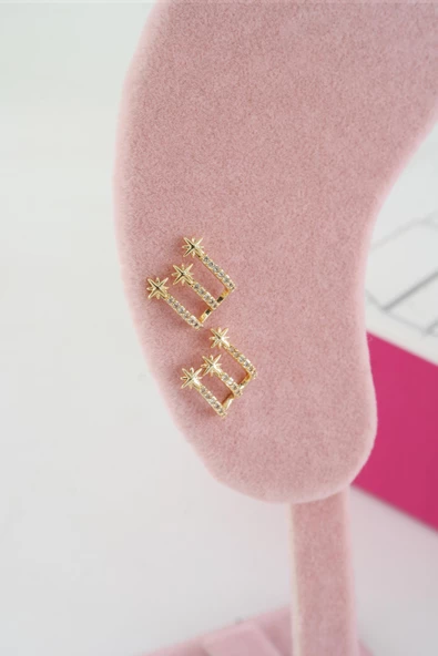 Kadın Özel Tasarım Zirkon Taşlı 2'li Minimal Küpe ürün görseli