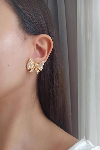 Kadın Özel Tasarım 3 cm Suni İncili Kurdele Model Küpe zyna005 ürün görseli