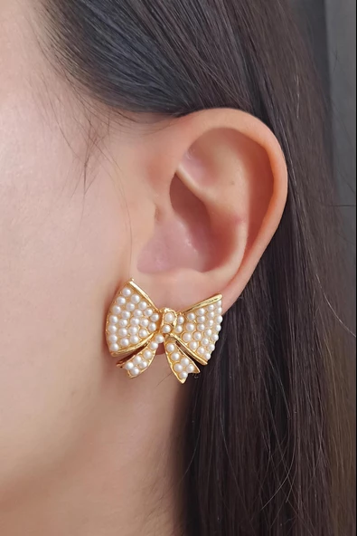 Kadın Özel Tasarım 3 cm Suni İncili Kurdele Model Küpe zyna005 - Resim 2