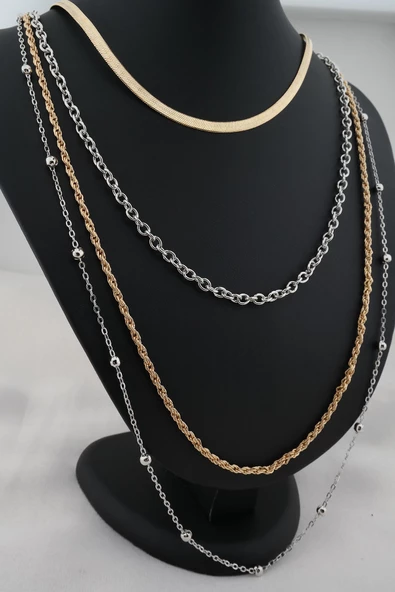 Kadın Gold Gümüş Renk İtalyan Zincirli Dörtllü  Kombin Kolye Seti - Resim 2