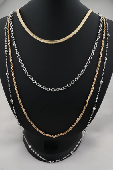 Kadın Gold Gümüş Renk İtalyan Zincirli Dörtllü  Kombin Kolye Seti ürün görseli