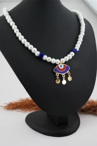 Kadın Cam Boncuklu Sallantılı Nazar Figürlü Özel Tasarım  Kolye ürün görseli