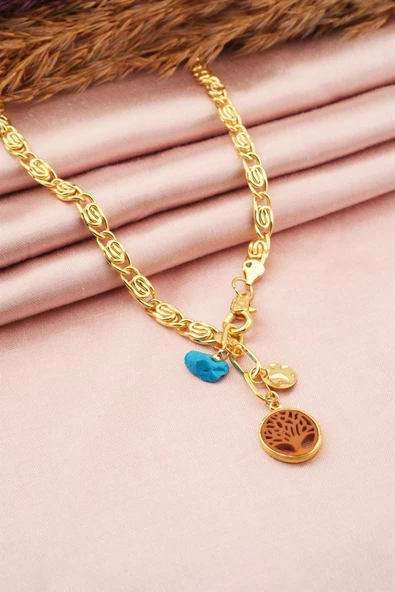 Kadın Özel Tasarım Turuncu Hayat Ağacı Figürlü Dogal Taşlı Kolye - Resim 3