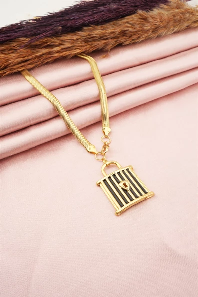 Kadın Özel Tasarım İtalyan Zincirli Kilit Figürlü Mineli Kolye ürün görseli