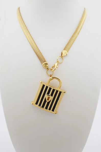 Kadın Özel Tasarım İtalyan Zincirli Kilit Figürlü Mineli Kolye - Resim 4