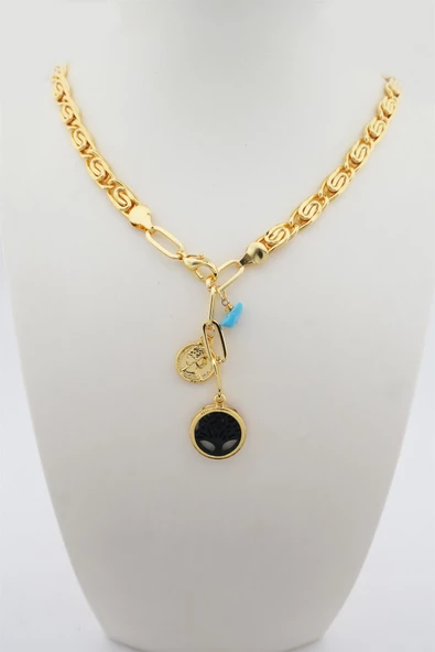 Kadın Özel Tasarım Siyah Hayat Ağacı Figürlü Dogal Taşlı Kolye ürün görseli