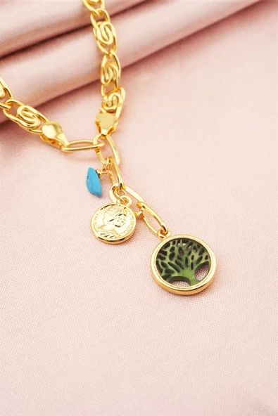 Kadın Özel Tasarım Yeşil Hayat Ağacı Figürlü Dogal Taşlı Kolye ürün görseli