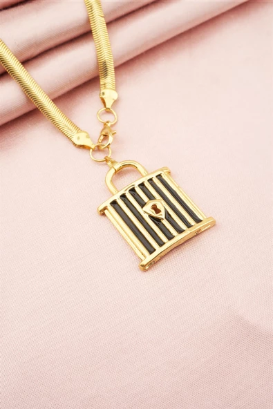 Kadın Özel Tasarım İtalyan Zincirli Kilit Figürlü Mineli Kolye - Resim 2