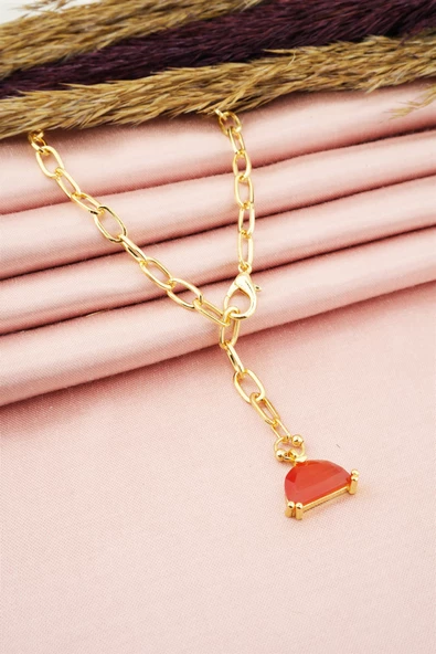 Kadın Özel Tasarım Kırmızı Zirkon Taşlı Kolye - Resim 3