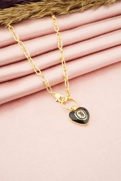 Kadın Özel Tasarım Siyah Mineli Kilit Figürlü Kolye - Resim 2