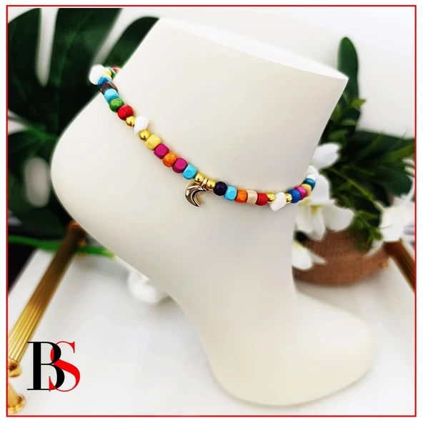 Renkli Bambu Boncuk - Sedef Taş - Hilal Kadın Halhal