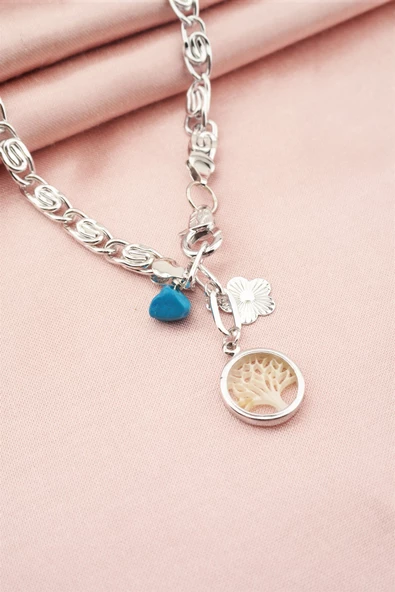 Kadın Özel Tasarım Beyaz Hayat Ağacı Figürlü Dogal Taşlı Kolye ürün görseli