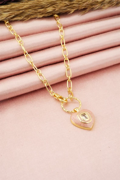 Kadın Özel Tasarım Pembe Mineli Kilit Figürlü Kolye - Resim 3