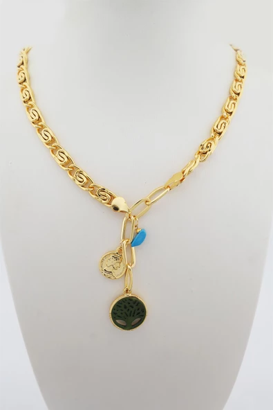 Kadın Özel Tasarım Yeşil Hayat Ağacı Figürlü Dogal Taşlı Kolye - Resim 2